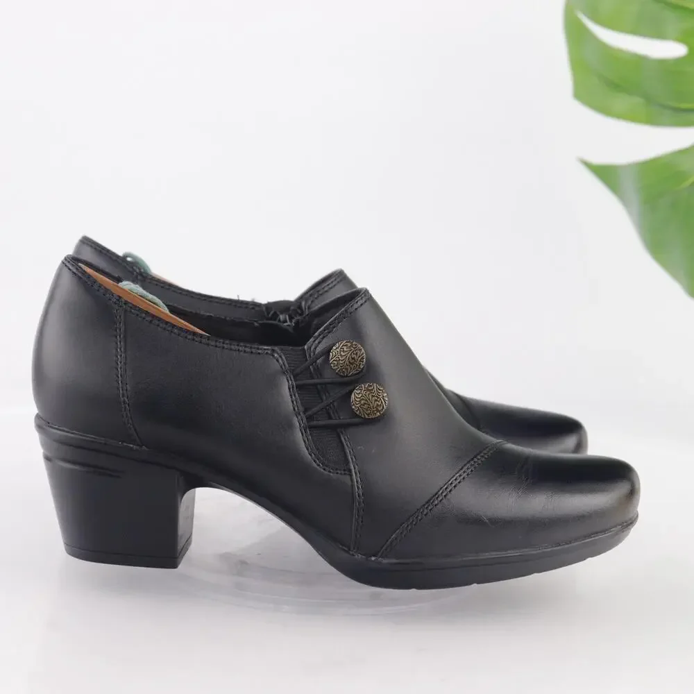 Clarks Womens Emslie Warren Boot Size 7 M Black Leather Block Heel Button Bootie